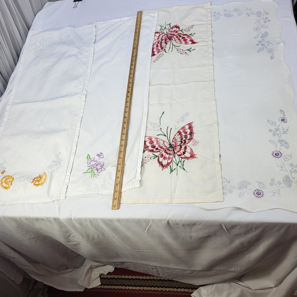 Vintage Unfinished Embroidered Table Runner Linen Towel Lot Butterfly Floral 4pc